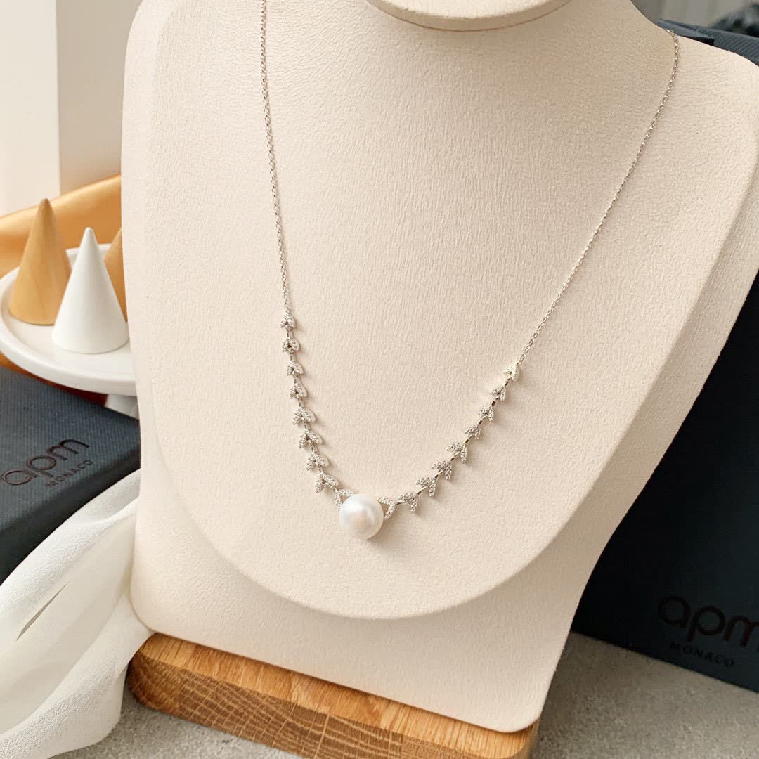 APM Monaco Pearl and Diamond Leaf Necklace